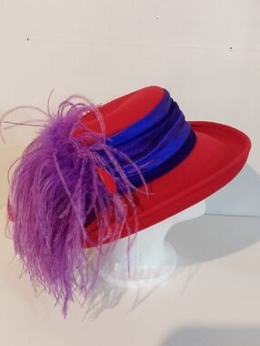 Red Hat Society|  Red Wool Derby Hat Purple Band & Purple Puffs Fancy Dressy OS